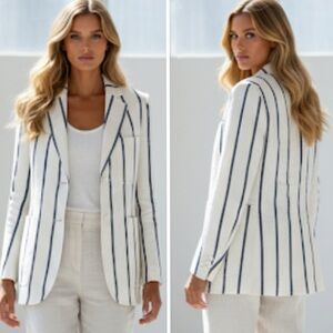 Theory Brightdale Striped Linen Blazer Jacket Cream Blue Gray Ivory 8